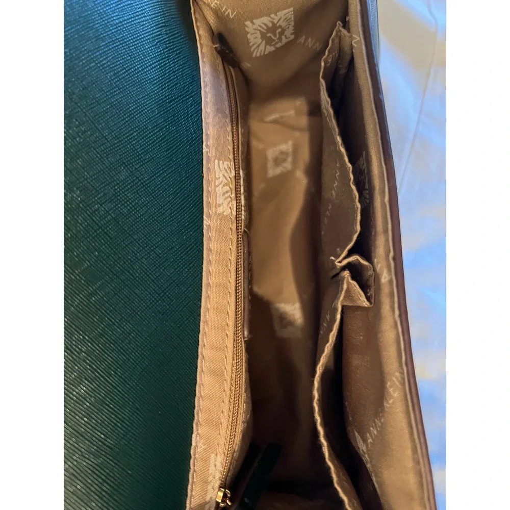 Anne Klein Purse Green Satchel Signature Top Handle Handbag Snap Close Zip Pocke